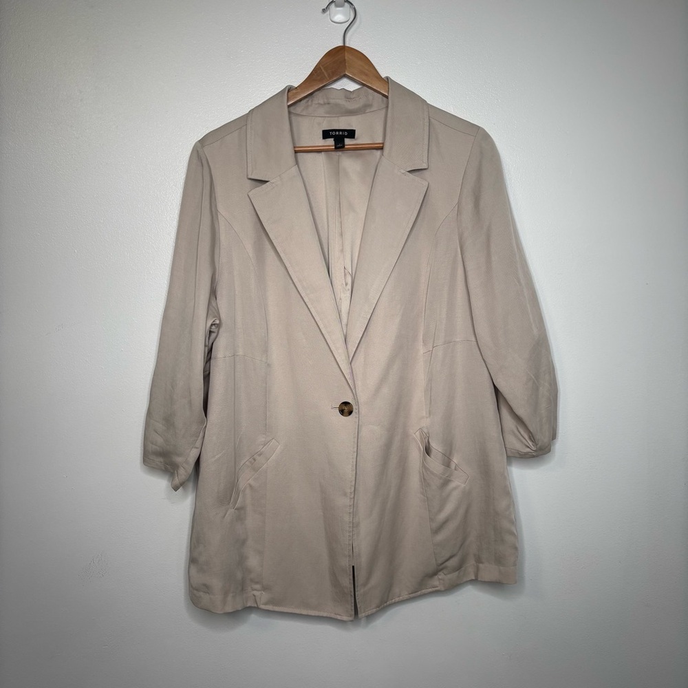 Torrid Studio Linen Blend Blazer 1X Beige 3/4 Sleeve